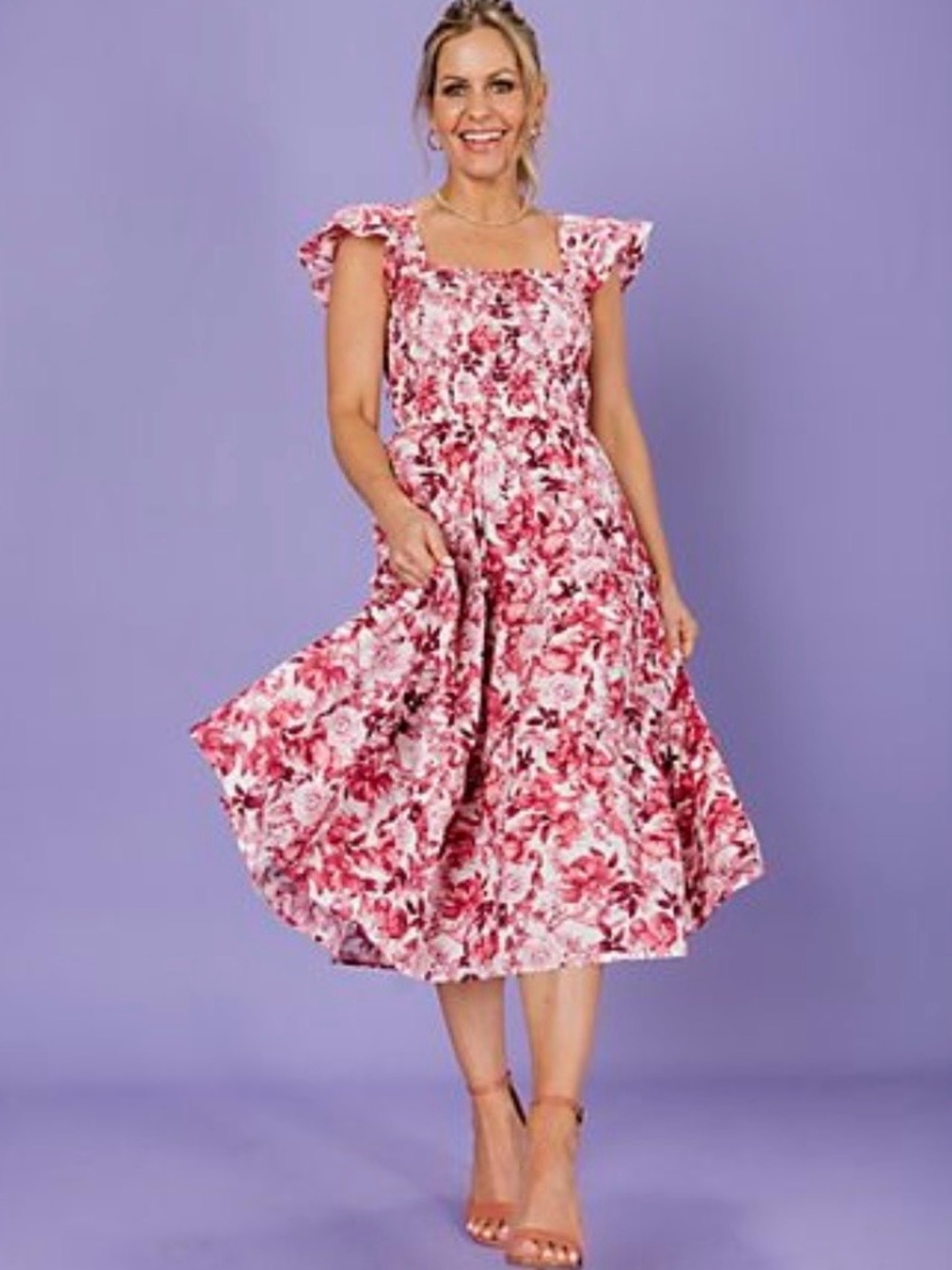 Candace Cameron Bure Posey Pink Floral Printed Smocked Midi Dress Large Petite